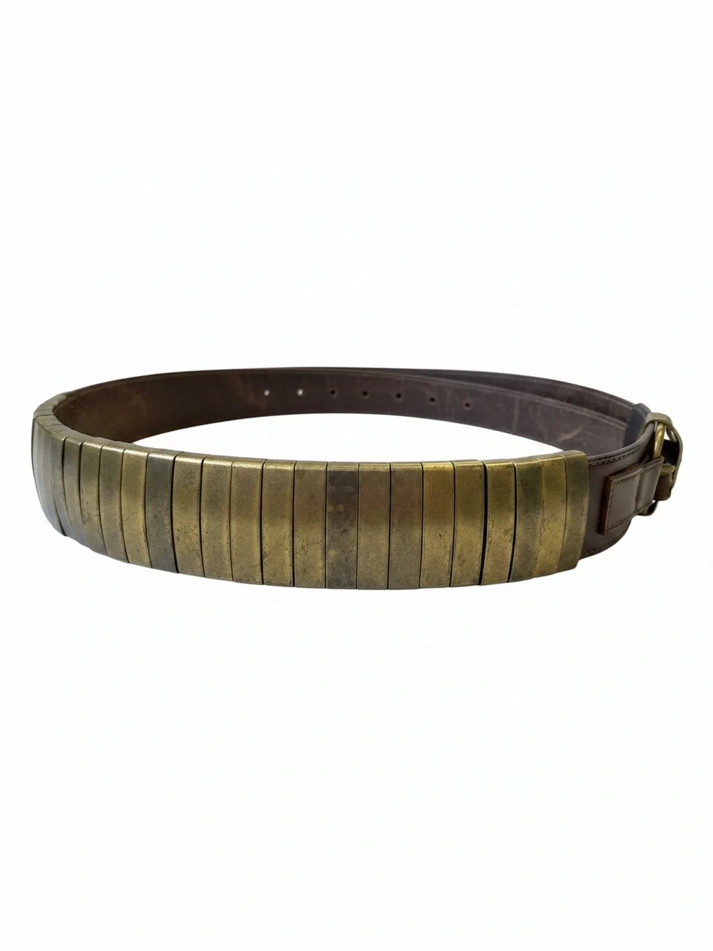 R.J. Graziano Vintage Brass Plate & Leather Statement Belt